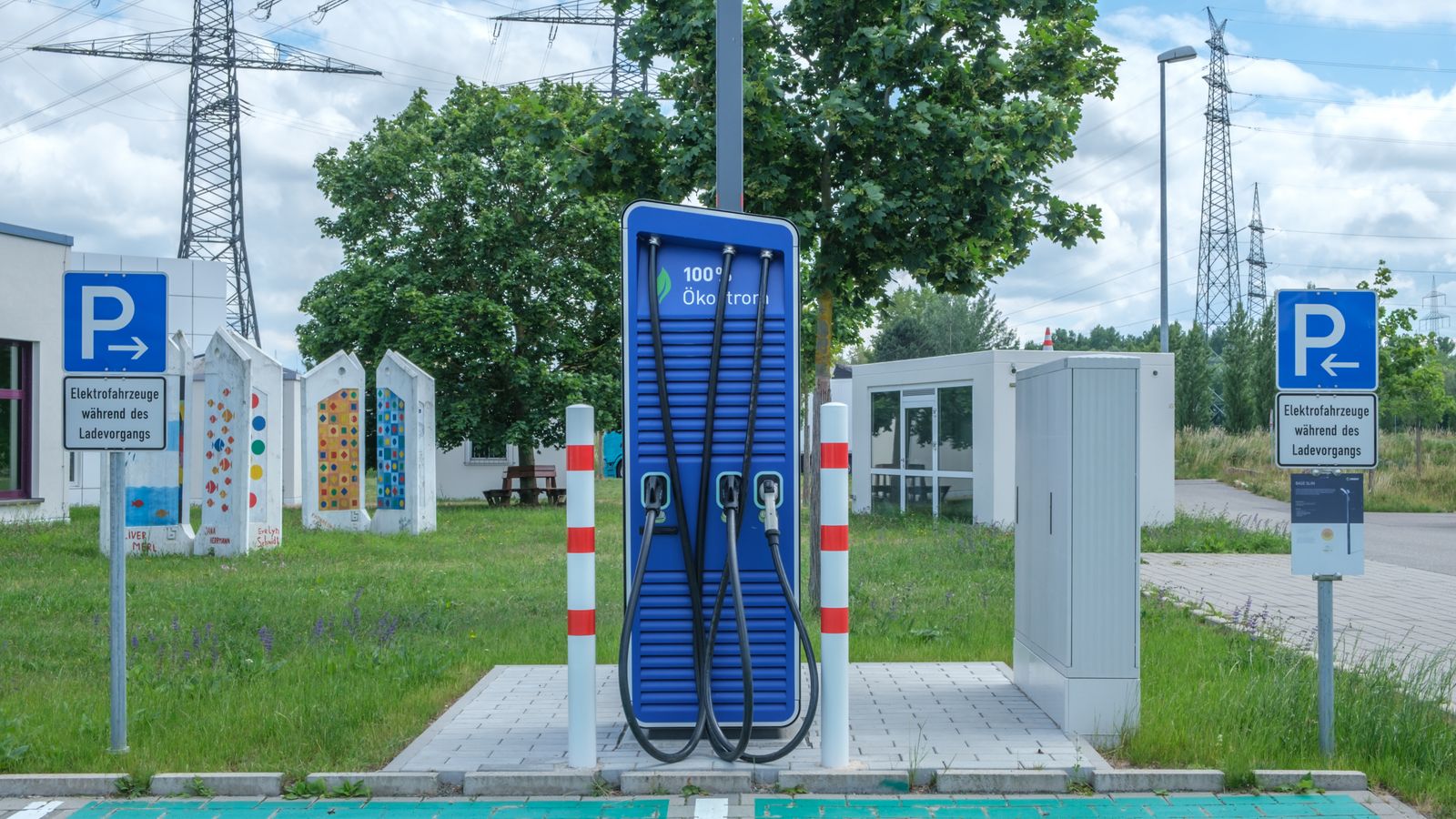 Public charging station with eco-friendly design for electric vehicles.